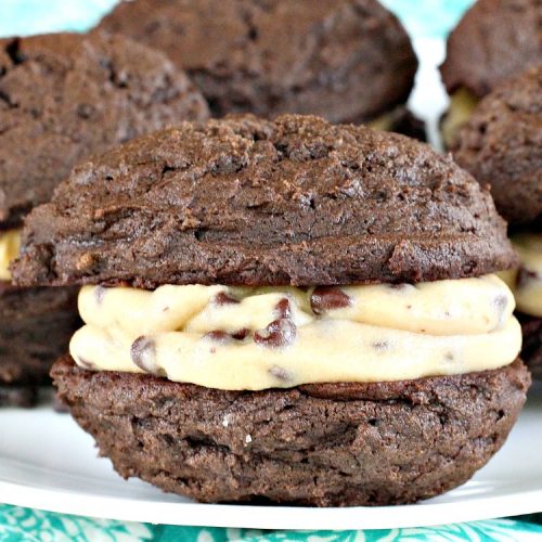 Chocolate Chip Cookie Dough Whoopie Pies | Can't Stay Out of the Kitchen | these outrageous #cookies are like a meal to themselves! Rich, decadent & so chocolaty. No eggs in the #cookiedough filling either. #chocolate #dessert #ChocolateChip #ChocolateChipCookieDough #WhoopiePies #ChocolateDessert #ChocolateCookie #ChristmasCookieExchange #ValentinesDay #ValentinesDayDessert #Holiday #Tailgating #HolidayDessert