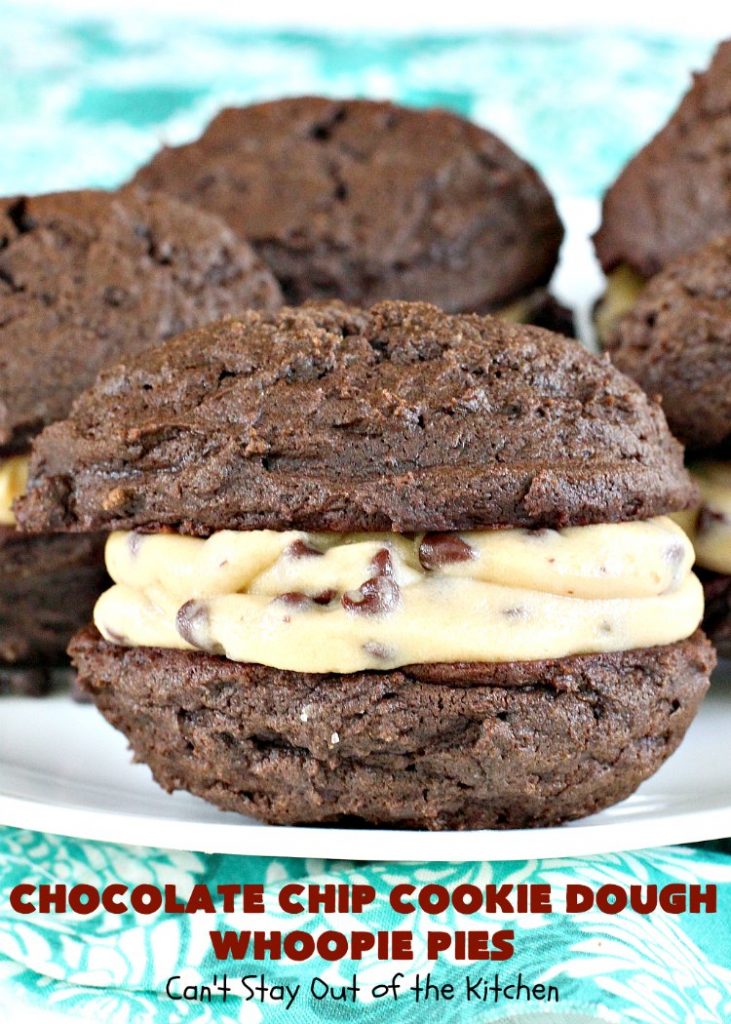 Chocolate Chip Cookie Dough Whoopie Pies | Can't Stay Out of the Kitchen | these outrageous #cookies are like a meal to themselves! Rich, decadent & so chocolaty. No eggs in the #cookiedough filling either. #chocolate #dessert #ChocolateChip #ChocolateChipCookieDough #WhoopiePies #ChocolateDessert #ChocolateCookie #ChristmasCookieExchange #ValentinesDay #ValentinesDayDessert #Holiday #Tailgating #HolidayDessert