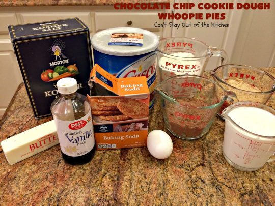 Chocolate Chip Cookie Dough Whoopie Pies | Can't Stay Out of the Kitchen | these outrageous #cookies are like a meal to themselves! Rich, decadent & so chocolaty. No eggs in the #cookiedough filling either. #chocolate #dessert #ChocolateChip #ChocolateChipCookieDough #WhoopiePies #ChocolateDessert #ChocolateCookie #ChristmasCookieExchange #ValentinesDay #ValentinesDayDessert #Holiday #Tailgating #HolidayDessert