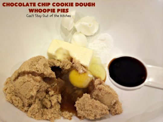 Chocolate Chip Cookie Dough Whoopie Pies | Can't Stay Out of the Kitchen | these outrageous #cookies are like a meal to themselves! Rich, decadent & so chocolaty. No eggs in the #cookiedough filling either. #chocolate #dessert #ChocolateChip #ChocolateChipCookieDough #WhoopiePies #ChocolateDessert #ChocolateCookie #ChristmasCookieExchange #ValentinesDay #ValentinesDayDessert #Holiday #Tailgating #HolidayDessert
