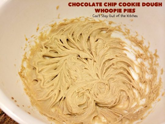 Chocolate Chip Cookie Dough Whoopie Pies | Can't Stay Out of the Kitchen | these outrageous #cookies are like a meal to themselves! Rich, decadent & so chocolaty. No eggs in the #cookiedough filling either. #chocolate #dessert #ChocolateChip #ChocolateChipCookieDough #WhoopiePies #ChocolateDessert #ChocolateCookie #ChristmasCookieExchange #ValentinesDay #ValentinesDayDessert #Holiday #Tailgating #HolidayDessert