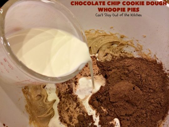 Chocolate Chip Cookie Dough Whoopie Pies | Can't Stay Out of the Kitchen | these outrageous #cookies are like a meal to themselves! Rich, decadent & so chocolaty. No eggs in the #cookiedough filling either. #chocolate #dessert #ChocolateChip #ChocolateChipCookieDough #WhoopiePies #ChocolateDessert #ChocolateCookie #ChristmasCookieExchange #ValentinesDay #ValentinesDayDessert #Holiday #Tailgating #HolidayDessert