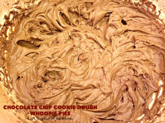 Chocolate Chip Cookie Dough Whoopie Pies | Can't Stay Out of the Kitchen | these outrageous #cookies are like a meal to themselves! Rich, decadent & so chocolaty. No eggs in the #cookiedough filling either. #chocolate #dessert #ChocolateChip #ChocolateChipCookieDough #WhoopiePies #ChocolateDessert #ChocolateCookie #ChristmasCookieExchange #ValentinesDay #ValentinesDayDessert #Holiday #Tailgating #HolidayDessert