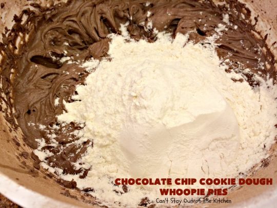 Chocolate Chip Cookie Dough Whoopie Pies | Can't Stay Out of the Kitchen | these outrageous #cookies are like a meal to themselves! Rich, decadent & so chocolaty. No eggs in the #cookiedough filling either. #chocolate #dessert #ChocolateChip #ChocolateChipCookieDough #WhoopiePies #ChocolateDessert #ChocolateCookie #ChristmasCookieExchange #ValentinesDay #ValentinesDayDessert #Holiday #Tailgating #HolidayDessert