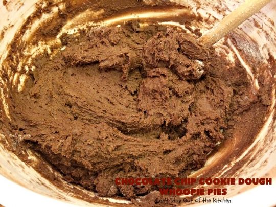 Chocolate Chip Cookie Dough Whoopie Pies | Can't Stay Out of the Kitchen | these outrageous #cookies are like a meal to themselves! Rich, decadent & so chocolaty. No eggs in the #cookiedough filling either. #chocolate #dessert #ChocolateChip #ChocolateChipCookieDough #WhoopiePies #ChocolateDessert #ChocolateCookie #ChristmasCookieExchange #ValentinesDay #ValentinesDayDessert #Holiday #Tailgating #HolidayDessert