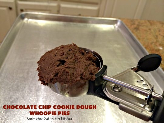 Chocolate Chip Cookie Dough Whoopie Pies | Can't Stay Out of the Kitchen | these outrageous #cookies are like a meal to themselves! Rich, decadent & so chocolaty. No eggs in the #cookiedough filling either. #chocolate #dessert #ChocolateChip #ChocolateChipCookieDough #WhoopiePies #ChocolateDessert #ChocolateCookie #ChristmasCookieExchange #ValentinesDay #ValentinesDayDessert #Holiday #Tailgating #HolidayDessert