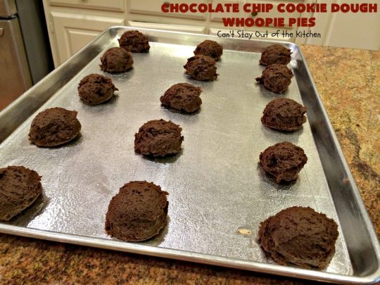 Chocolate Chip Cookie Dough Whoopie Pies | Can't Stay Out of the Kitchen | these outrageous #cookies are like a meal to themselves! Rich, decadent & so chocolaty. No eggs in the #cookiedough filling either. #chocolate #dessert #ChocolateChip #ChocolateChipCookieDough #WhoopiePies #ChocolateDessert #ChocolateCookie #ChristmasCookieExchange #ValentinesDay #ValentinesDayDessert #Holiday #Tailgating #HolidayDessert