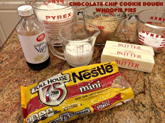 Chocolate Chip Cookie Dough Whoopie Pies | Can't Stay Out of the Kitchen | these outrageous #cookies are like a meal to themselves! Rich, decadent & so chocolaty. No eggs in the #cookiedough filling either. #chocolate #dessert #ChocolateChip #ChocolateChipCookieDough #WhoopiePies #ChocolateDessert #ChocolateCookie #ChristmasCookieExchange #ValentinesDay #ValentinesDayDessert #Holiday #Tailgating #HolidayDessert