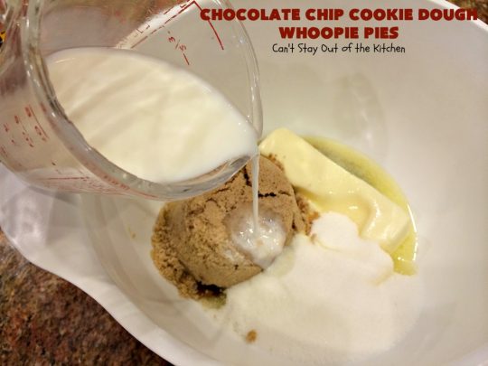 Chocolate Chip Cookie Dough Whoopie Pies | Can't Stay Out of the Kitchen | these outrageous #cookies are like a meal to themselves! Rich, decadent & so chocolaty. No eggs in the #cookiedough filling either. #chocolate #dessert #ChocolateChip #ChocolateChipCookieDough #WhoopiePies #ChocolateDessert #ChocolateCookie #ChristmasCookieExchange #ValentinesDay #ValentinesDayDessert #Holiday #Tailgating #HolidayDessert