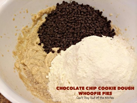 Chocolate Chip Cookie Dough Whoopie Pies | Can't Stay Out of the Kitchen | these outrageous #cookies are like a meal to themselves! Rich, decadent & so chocolaty. No eggs in the #cookiedough filling either. #chocolate #dessert #ChocolateChip #ChocolateChipCookieDough #WhoopiePies #ChocolateDessert #ChocolateCookie #ChristmasCookieExchange #ValentinesDay #ValentinesDayDessert #Holiday #Tailgating #HolidayDessert