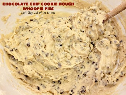 Chocolate Chip Cookie Dough Whoopie Pies | Can't Stay Out of the Kitchen | these outrageous #cookies are like a meal to themselves! Rich, decadent & so chocolaty. No eggs in the #cookiedough filling either. #chocolate #dessert #ChocolateChip #ChocolateChipCookieDough #WhoopiePies #ChocolateDessert #ChocolateCookie #ChristmasCookieExchange #ValentinesDay #ValentinesDayDessert #Holiday #Tailgating #HolidayDessert