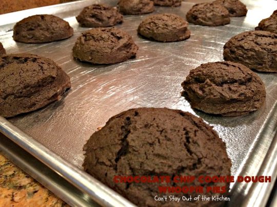 Chocolate Chip Cookie Dough Whoopie Pies | Can't Stay Out of the Kitchen | these outrageous #cookies are like a meal to themselves! Rich, decadent & so chocolaty. No eggs in the #cookiedough filling either. #chocolate #dessert #ChocolateChip #ChocolateChipCookieDough #WhoopiePies #ChocolateDessert #ChocolateCookie #ChristmasCookieExchange #ValentinesDay #ValentinesDayDessert #Holiday #Tailgating #HolidayDessert