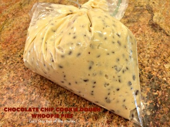Chocolate Chip Cookie Dough Whoopie Pies | Can't Stay Out of the Kitchen | these outrageous #cookies are like a meal to themselves! Rich, decadent & so chocolaty. No eggs in the #cookiedough filling either. #chocolate #dessert #ChocolateChip #ChocolateChipCookieDough #WhoopiePies #ChocolateDessert #ChocolateCookie #ChristmasCookieExchange #ValentinesDay #ValentinesDayDessert #Holiday #Tailgating #HolidayDessert