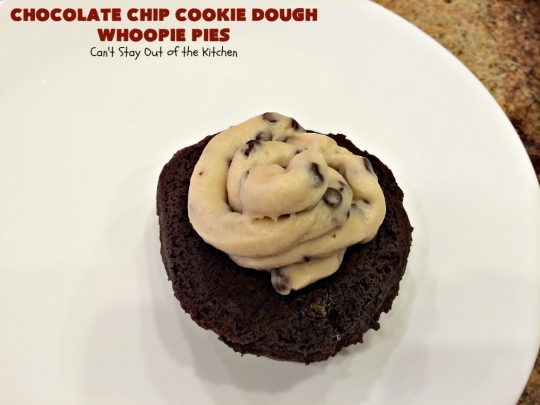Chocolate Chip Cookie Dough Whoopie Pies | Can't Stay Out of the Kitchen | these outrageous #cookies are like a meal to themselves! Rich, decadent & so chocolaty. No eggs in the #cookiedough filling either. #chocolate #dessert #ChocolateChip #ChocolateChipCookieDough #WhoopiePies #ChocolateDessert #ChocolateCookie #ChristmasCookieExchange #ValentinesDay #ValentinesDayDessert #Holiday #Tailgating #HolidayDessert