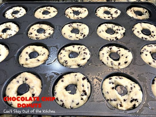 Chocolate Chip Donuts | Can't Stay Out of the Kitchen | these spectacular #donuts are filled with miniature #ChocolateChips. They're glazed with a #chocolate icing and sprinkled with chocolate #sprinkles on top. Mouthwatering #breakfast for #holidays like #MothersDay or #FathersDay. #HolidayBreakfast #FathersDayBreakfast #MothersDayBreakfast #ChocolateChipDonuts