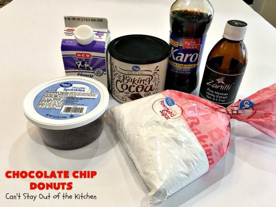 Chocolate Chip Donuts | Can't Stay Out of the Kitchen | these spectacular #donuts are filled with miniature #ChocolateChips. They're glazed with a #chocolate icing and sprinkled with chocolate #sprinkles on top. Mouthwatering #breakfast for #holidays like #MothersDay or #FathersDay. #HolidayBreakfast #FathersDayBreakfast #MothersDayBreakfast #ChocolateChipDonuts