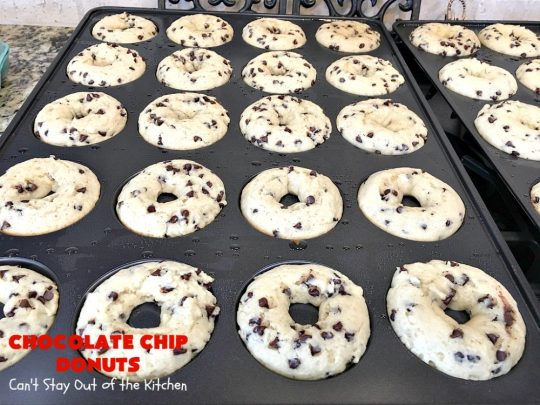 Chocolate Chip Donuts | Can't Stay Out of the Kitchen | these spectacular #donuts are filled with miniature #ChocolateChips. They're glazed with a #chocolate icing and sprinkled with chocolate #sprinkles on top. Mouthwatering #breakfast for #holidays like #MothersDay or #FathersDay. #HolidayBreakfast #FathersDayBreakfast #MothersDayBreakfast #ChocolateChipDonuts