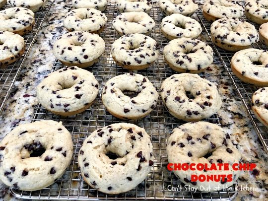 Chocolate Chip Donuts | Can't Stay Out of the Kitchen | these spectacular #donuts are filled with miniature #ChocolateChips. They're glazed with a #chocolate icing and sprinkled with chocolate #sprinkles on top. Mouthwatering #breakfast for #holidays like #MothersDay or #FathersDay. #HolidayBreakfast #FathersDayBreakfast #MothersDayBreakfast #ChocolateChipDonuts