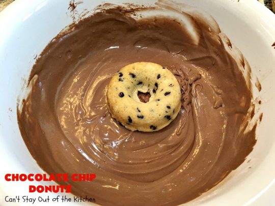 Chocolate Chip Donuts | Can't Stay Out of the Kitchen | these spectacular #donuts are filled with miniature #ChocolateChips. They're glazed with a #chocolate icing and sprinkled with chocolate #sprinkles on top. Mouthwatering #breakfast for #holidays like #MothersDay or #FathersDay. #HolidayBreakfast #FathersDayBreakfast #MothersDayBreakfast #ChocolateChipDonuts