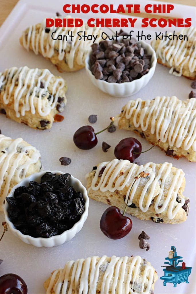 Chocolate Chip Dried Cherry Scones | Can't Stay Out of the Kitchen | these fabulous #scones are filled with #ChocolateChips & #DriedCherries. The texture is softer and the scones are glazed with a rich, powdered sugar icing which makes them sweet & irresistible. Great #breakfast treat for weekends, company or a #holiday breakfast. Prepare to swoon from the first bite! #ChocolateChipDriedCherryScones #chocolate