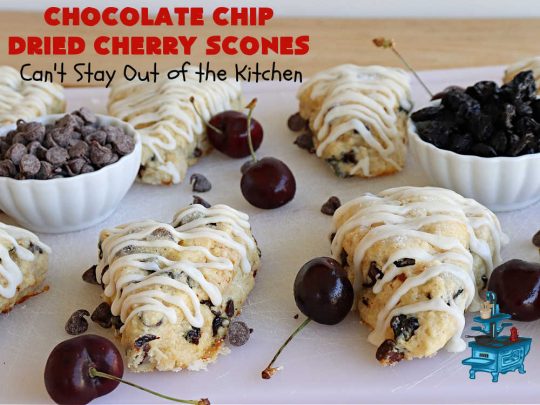 Chocolate Chip Dried Cherry Scones | Can't Stay Out of the Kitchen | these fabulous #scones are filled with #ChocolateChips & #DriedCherries. The texture is softer and the scones are glazed with a rich, powdered sugar icing which makes them sweet & irresistible. Great #breakfast treat for weekends, company or a #holiday breakfast. Prepare to swoon from the first bite! #ChocolateChipDriedCherryScones #chocolate