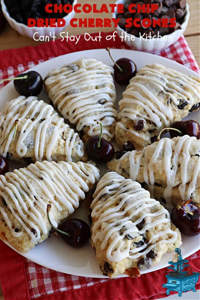 Chocolate Chip Dried Cherry Scones | Can't Stay Out of the Kitchen | these fabulous #scones are filled with #ChocolateChips & #DriedCherries. The texture is softer and the scones are glazed with a rich, powdered sugar icing which makes them sweet & irresistible. Great #breakfast treat for weekends, company or a #holiday breakfast. Prepare to swoon from the first bite! #ChocolateChipDriedCherryScones #chocolate