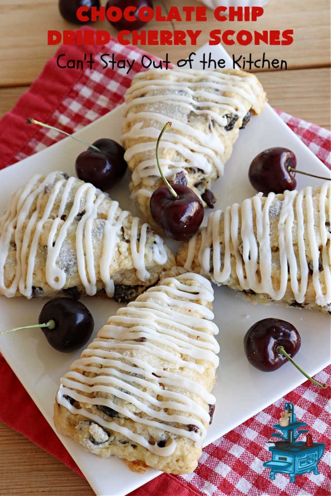 Chocolate Chip Dried Cherry Scones | Can't Stay Out of the Kitchen | these fabulous #scones are filled with #ChocolateChips & #DriedCherries. The texture is softer and the scones are glazed with a rich, powdered sugar icing which makes them sweet & irresistible. Great #breakfast treat for weekends, company or a #holiday breakfast. Prepare to swoon from the first bite! #ChocolateChipDriedCherryScones #chocolate