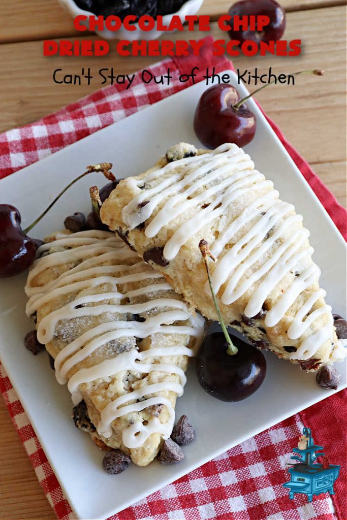 Chocolate Chip Dried Cherry Scones | Can't Stay Out of the Kitchen | these fabulous #scones are filled with #ChocolateChips & #DriedCherries. The texture is softer and the scones are glazed with a rich, powdered sugar icing which makes them sweet & irresistible. Great #breakfast treat for weekends, company or a #holiday breakfast. Prepare to swoon from the first bite! #ChocolateChipDriedCherryScones #chocolate