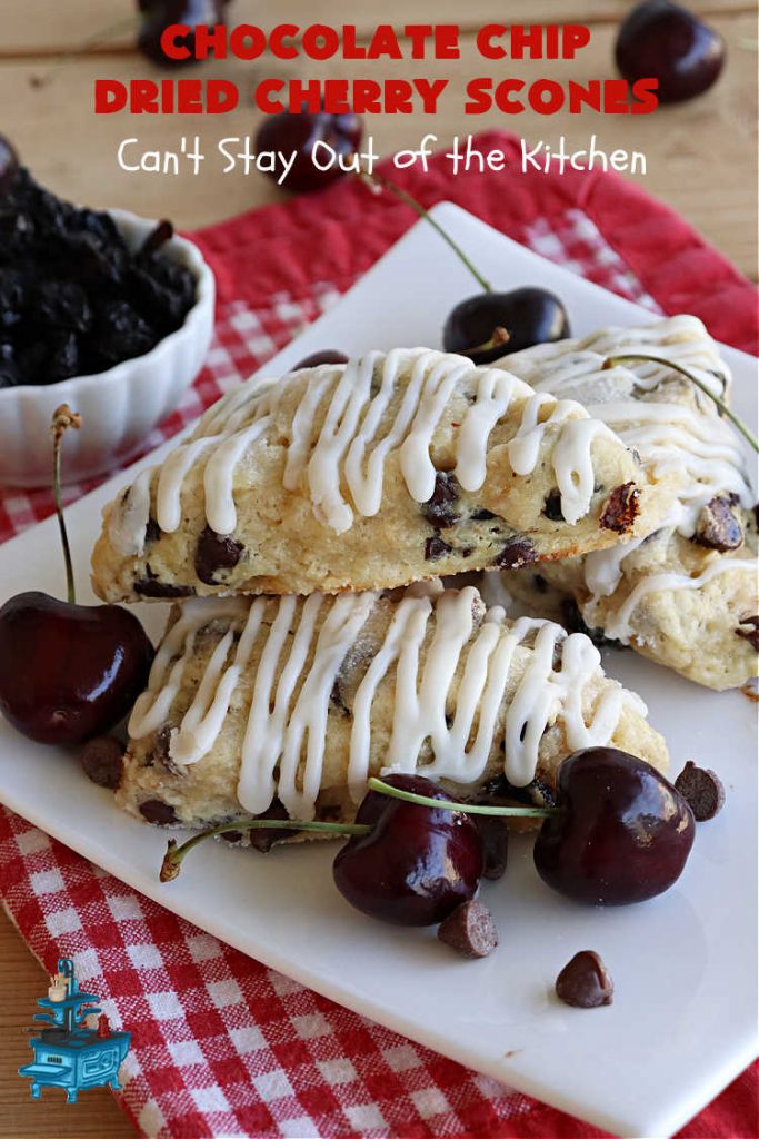 Chocolate Chip Dried Cherry Scones | Can't Stay Out of the Kitchen | these fabulous #scones are filled with #ChocolateChips & #DriedCherries. The texture is softer and the scones are glazed with a rich, powdered sugar icing which makes them sweet & irresistible. Great #breakfast treat for weekends, company or a #holiday breakfast. Prepare to swoon from the first bite! #ChocolateChipDriedCherryScones #chocolate
