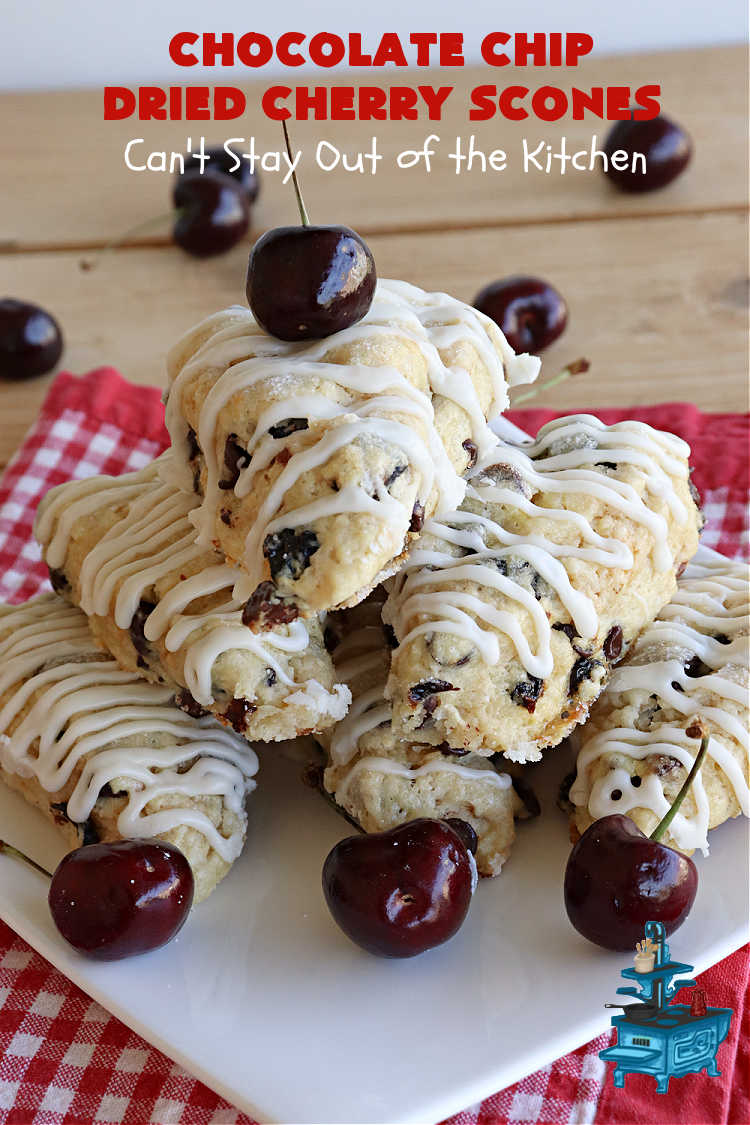 Chocolate Chip Dried Cherry Scones | Can't Stay Out of the Kitchen | these fabulous #scones are filled with #ChocolateChips & #DriedCherries. The texture is softer and the scones are glazed with a rich, powdered sugar icing which makes them sweet & irresistible. Great #breakfast treat for weekends, company or a #holiday breakfast. Prepare to swoon from the first bite! #ChocolateChipDriedCherryScones #chocolate