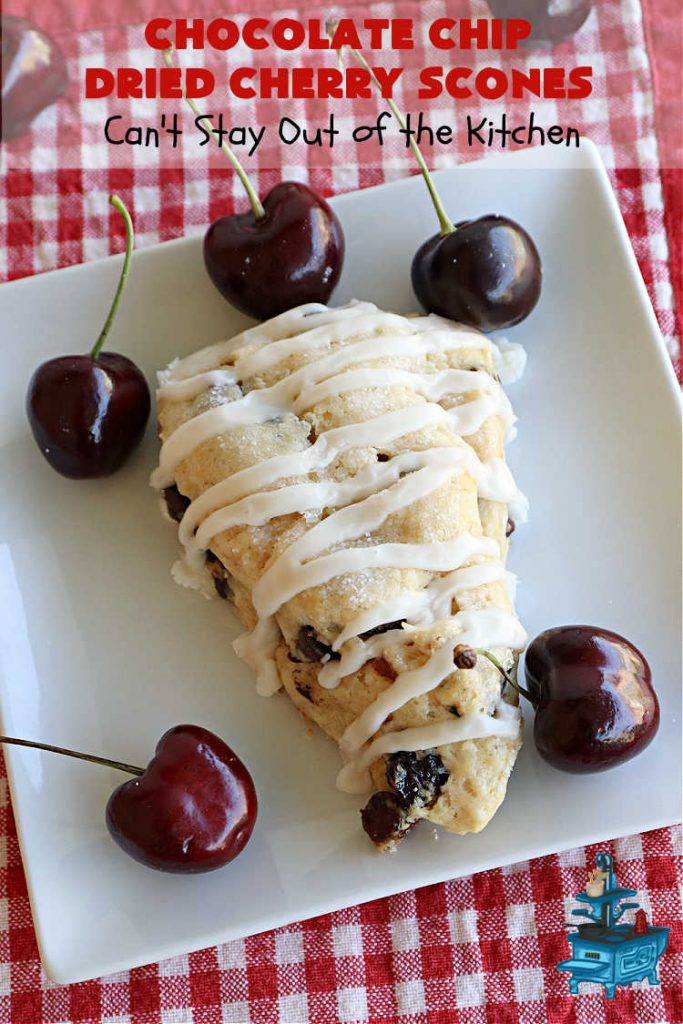 Chocolate Chip Dried Cherry Scones | Can't Stay Out of the Kitchen | these fabulous #scones are filled with #ChocolateChips & #DriedCherries. The texture is softer and the scones are glazed with a rich, powdered sugar icing which makes them sweet & irresistible. Great #breakfast treat for weekends, company or a #holiday breakfast. Prepare to swoon from the first bite! #ChocolateChipDriedCherryScones #chocolate