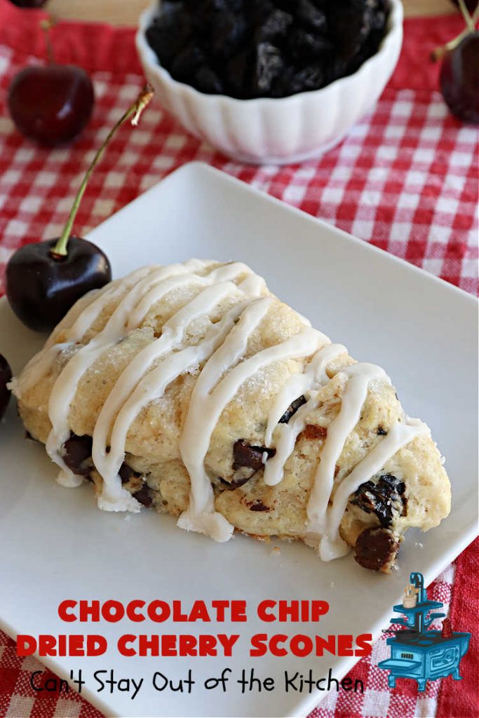 Chocolate Chip Dried Cherry Scones | Can't Stay Out of the Kitchen | these fabulous #scones are filled with #ChocolateChips & #DriedCherries. The texture is softer and the scones are glazed with a rich, powdered sugar icing which makes them sweet & irresistible. Great #breakfast treat for weekends, company or a #holiday breakfast. Prepare to swoon from the first bite! #ChocolateChipDriedCherryScones #chocolate