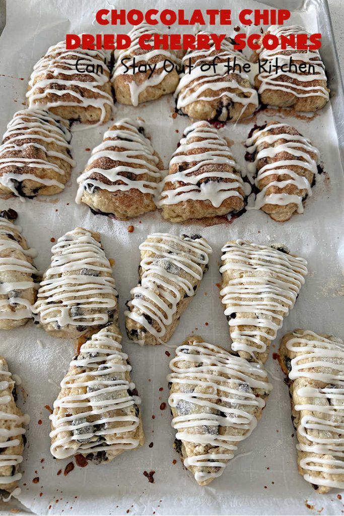 Chocolate Chip Dried Cherry Scones | Can't Stay Out of the Kitchen | these fabulous #scones are filled with #ChocolateChips & #DriedCherries. The texture is softer and the scones are glazed with a rich, powdered sugar icing which makes them sweet & irresistible. Great #breakfast treat for weekends, company or a #holiday breakfast. Prepare to swoon from the first bite! #ChocolateChipDriedCherryScones #chocolate