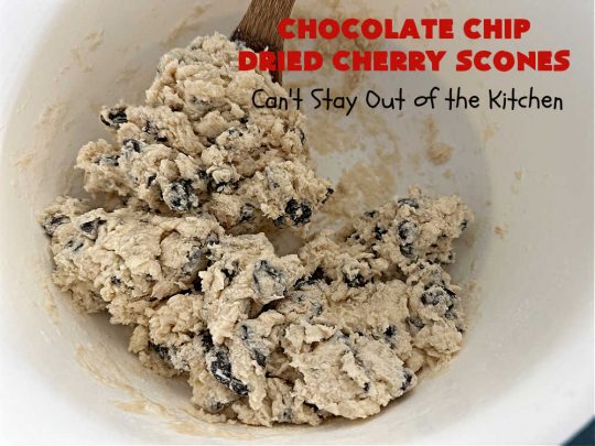 Chocolate Chip Dried Cherry Scones | Can't Stay Out of the Kitchen | these fabulous #scones are filled with #ChocolateChips & #DriedCherries. The texture is softer and the scones are glazed with a rich, powdered sugar icing which makes them sweet & irresistible. Great #breakfast treat for weekends, company or a #holiday breakfast. Prepare to swoon from the first bite! #ChocolateChipDriedCherryScones #chocolate 
