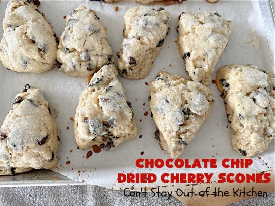 Chocolate Chip Dried Cherry Scones | Can't Stay Out of the Kitchen | these fabulous #scones are filled with #ChocolateChips & #DriedCherries. The texture is softer and the scones are glazed with a rich, powdered sugar icing which makes them sweet & irresistible. Great #breakfast treat for weekends, company or a #holiday breakfast. Prepare to swoon from the first bite! #ChocolateChipDriedCherryScones #chocolate
