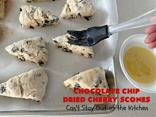 Chocolate Chip Dried Cherry Scones | Can't Stay Out of the Kitchen | these fabulous #scones are filled with #ChocolateChips & #DriedCherries. The texture is softer and the scones are glazed with a rich, powdered sugar icing which makes them sweet & irresistible. Great #breakfast treat for weekends, company or a #holiday breakfast. Prepare to swoon from the first bite! #ChocolateChipDriedCherryScones #chocolate