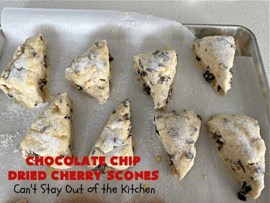 Chocolate Chip Dried Cherry Scones | Can't Stay Out of the Kitchen | these fabulous #scones are filled with #ChocolateChips & #DriedCherries. The texture is softer and the scones are glazed with a rich, powdered sugar icing which makes them sweet & irresistible. Great #breakfast treat for weekends, company or a #holiday breakfast. Prepare to swoon from the first bite! #ChocolateChipDriedCherryScones #chocolate