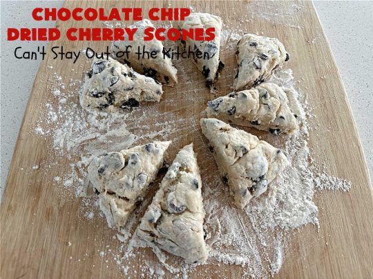 Chocolate Chip Dried Cherry Scones | Can't Stay Out of the Kitchen | these fabulous #scones are filled with #ChocolateChips & #DriedCherries. The texture is softer and the scones are glazed with a rich, powdered sugar icing which makes them sweet & irresistible. Great #breakfast treat for weekends, company or a #holiday breakfast. Prepare to swoon from the first bite! #ChocolateChipDriedCherryScones #chocolate