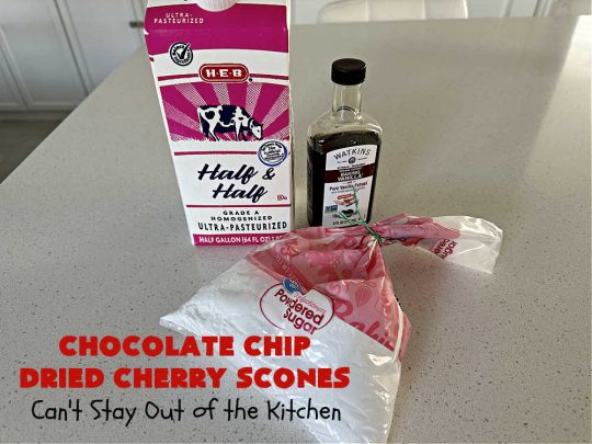 Chocolate Chip Dried Cherry Scones | Can't Stay Out of the Kitchen | these fabulous #scones are filled with #ChocolateChips & #DriedCherries. The texture is softer and the scones are glazed with a rich, powdered sugar icing which makes them sweet & irresistible. Great #breakfast treat for weekends, company or a #holiday breakfast. Prepare to swoon from the first bite! #ChocolateChipDriedCherryScones #chocolate