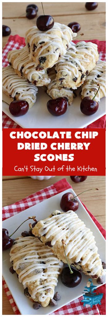 Chocolate Chip Dried Cherry Scones | Can't Stay Out of the Kitchen | these fabulous #scones are filled with #ChocolateChips & #DriedCherries. The texture is softer and the scones are glazed with a rich, powdered sugar icing which makes them sweet & irresistible. Great #breakfast treat for weekends, company or a #holiday breakfast. Prepare to swoon from the first bite! #ChocolateChipDriedCherryScones #chocolate