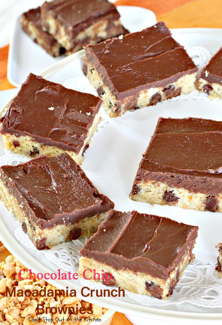Chocolate Chip Macadamia Crunch Brownies | Can't Stay Out of the Kitchen | these outrageous #brownies are to die for! Absolutely divine #chocolate frosting. #dessert