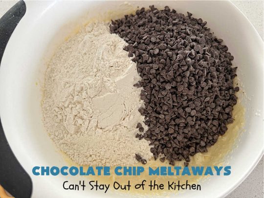 Chocolate Chip Meltaways | Can't Stay Out of the Kitchen | Prepare yourself for the ultimate #MeltInYourMouthCookie! These lovely #SugarCookies include two bags of #ChocolateChips so they're #chocolaty as well as decadent & just dissolve in your mouth! Every bite will cure your sweet tooth cravings. Perfect #dessert for #tailgating parties, potlucks or a #ChristmasCookieExchange. #chocolate #ChocolateDessert #ChocolateChipMeltaways