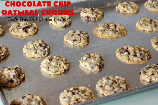 Chocolate Chip Oatmeal Cookies | Can't Stay Out of the Kitchen | these #cookies are the best of both worlds! The best #ChocolateChipCookies with the best #OatmealCookies. Mouthwatering & irresistible. #tailgating #dessert #ChocolateDessert #ChristmasCookieExchange #chocolate #ChocolateChips #oatmeal #Holiday #HolidayDessert #ChocolateChipOatmealCookies