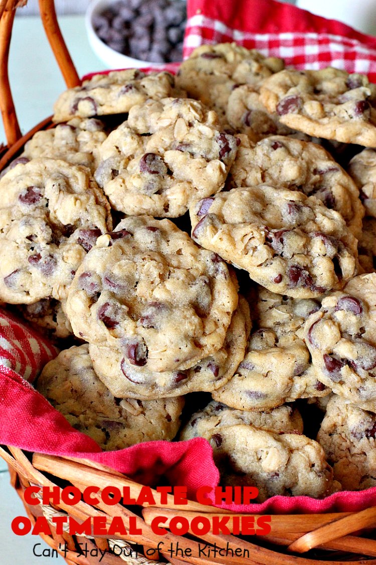 Chocolate Chip Oatmeal Cookies | Can't Stay Out of the Kitchen | these #cookies are the best of both worlds! The best #ChocolateChipCookies with the best #OatmealCookies. Mouthwatering & irresistible. #tailgating #dessert #ChocolateDessert #ChristmasCookieExchange #chocolate #ChocolateChips #oatmeal #Holiday #HolidayDessert #ChocolateChipOatmealCookies