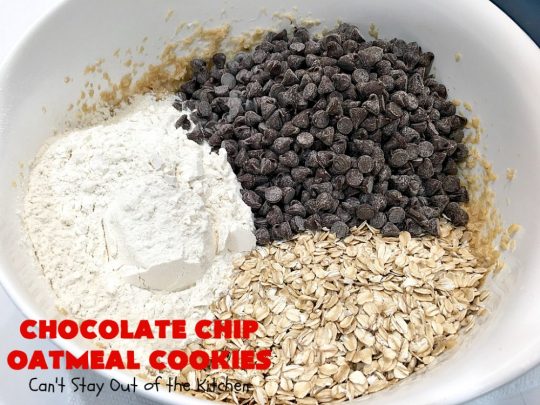 Chocolate Chip Oatmeal Cookies | Can't Stay Out of the Kitchen | these #cookies are the best of both worlds! The best #ChocolateChipCookies with the best #OatmealCookies. Mouthwatering & irresistible. #tailgating #dessert #ChocolateDessert #ChristmasCookieExchange #chocolate #ChocolateChips #oatmeal #Holiday #HolidayDessert #ChocolateChipOatmealCookies