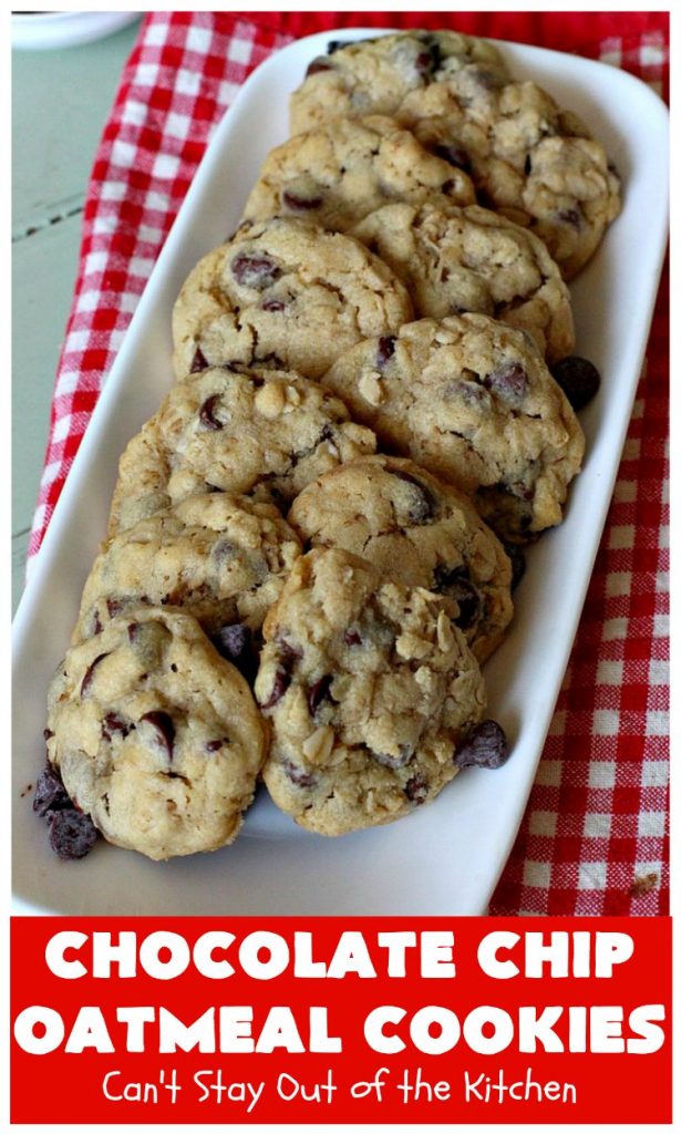 Chocolate Chip Oatmeal Cookies | Can't Stay Out of the Kitchen | these #cookies are the best of both worlds! The best #ChocolateChipCookies with the best #OatmealCookies. Mouthwatering & irresistible. #tailgating #dessert #ChocolateDessert #ChristmasCookieExchange #chocolate #ChocolateChips #oatmeal #Holiday #HolidayDessert #ChocolateChipOatmealCookies