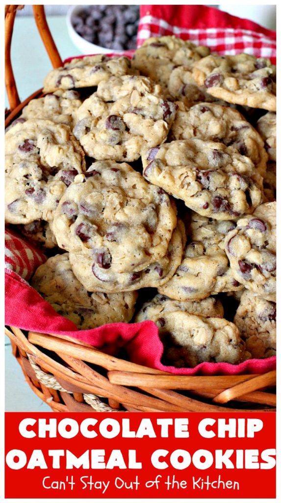 Chocolate Chip Oatmeal Cookies | Can't Stay Out of the Kitchen | these #cookies are the best of both worlds! The best #ChocolateChipCookies with the best #OatmealCookies. Mouthwatering & irresistible. #tailgating #dessert #ChocolateDessert #ChristmasCookieExchange #chocolate #ChocolateChips #oatmeal #Holiday #HolidayDessert #ChocolateChipOatmealCookies
