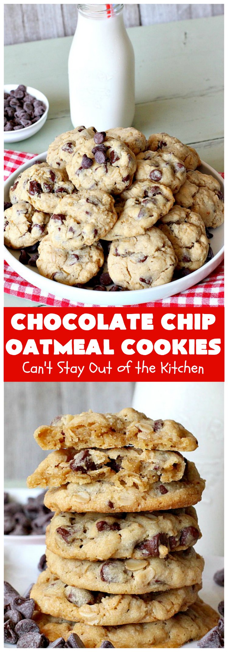 Chocolate Chip Oatmeal Cookies | Can't Stay Out of the Kitchen | these #cookies are the best of both worlds! The best #ChocolateChipCookies with the best #OatmealCookies. Mouthwatering & irresistible. #tailgating #dessert #ChocolateDessert #ChristmasCookieExchange #chocolate #ChocolateChips #oatmeal #Holiday #HolidayDessert #ChocolateChipOatmealCookies