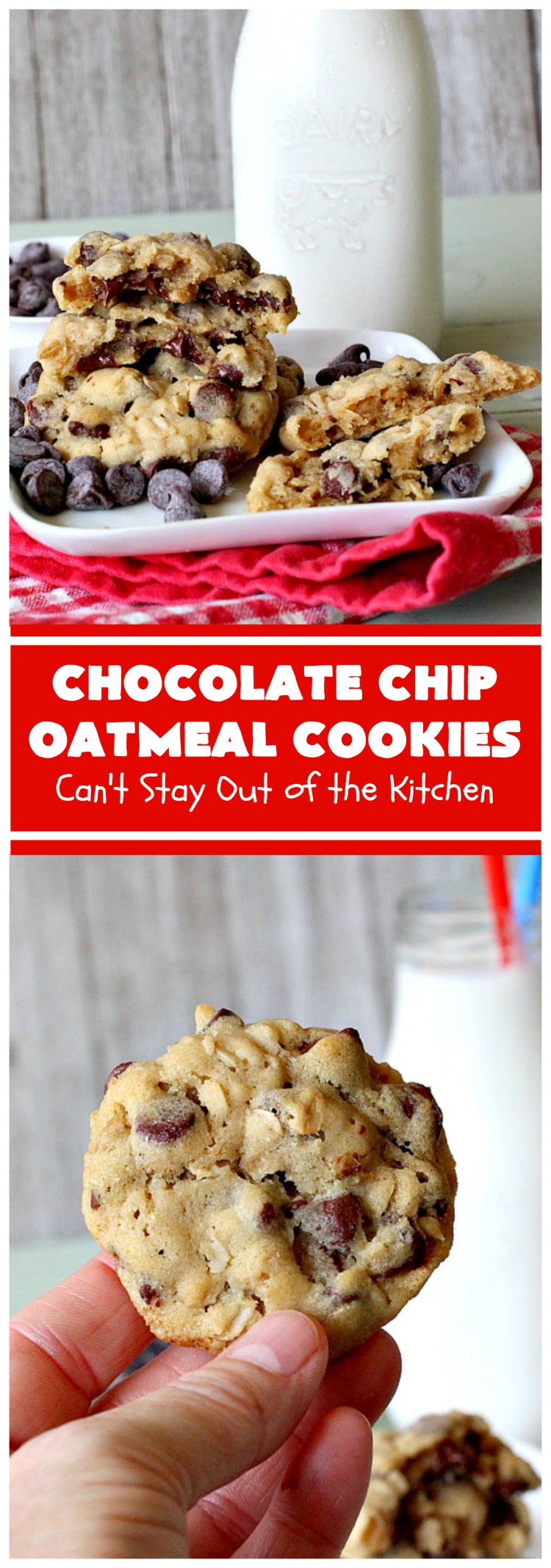 Chocolate Chip Oatmeal Cookies | Can't Stay Out of the Kitchen | these #cookies are the best of both worlds! The best #ChocolateChipCookies with the best #OatmealCookies. Mouthwatering & irresistible. #tailgating #dessert #ChocolateDessert #ChristmasCookieExchange #chocolate #ChocolateChips #oatmeal #Holiday #HolidayDessert #ChocolateChipOatmealCookies