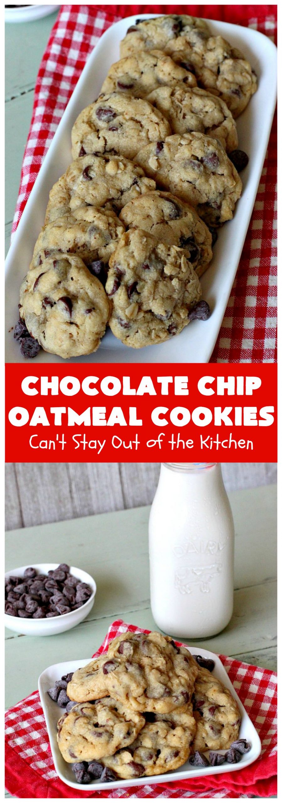 Chocolate Chip Oatmeal Cookies | Can't Stay Out of the Kitchen | these #cookies are the best of both worlds! The best #ChocolateChipCookies with the best #OatmealCookies. Mouthwatering & irresistible. #tailgating #dessert #ChocolateDessert #ChristmasCookieExchange #chocolate #ChocolateChips #oatmeal #Holiday #HolidayDessert #ChocolateChipOatmealCookies